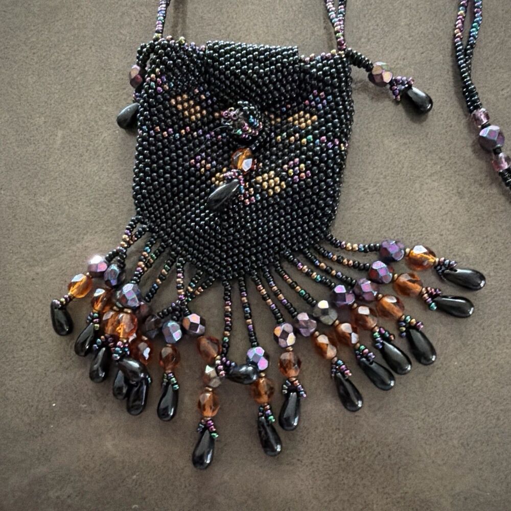 Handmade Black Glass Seed Bead Pouch Necklace, Indigenous/ Hippie Style Vintage - Picture 2 of 4